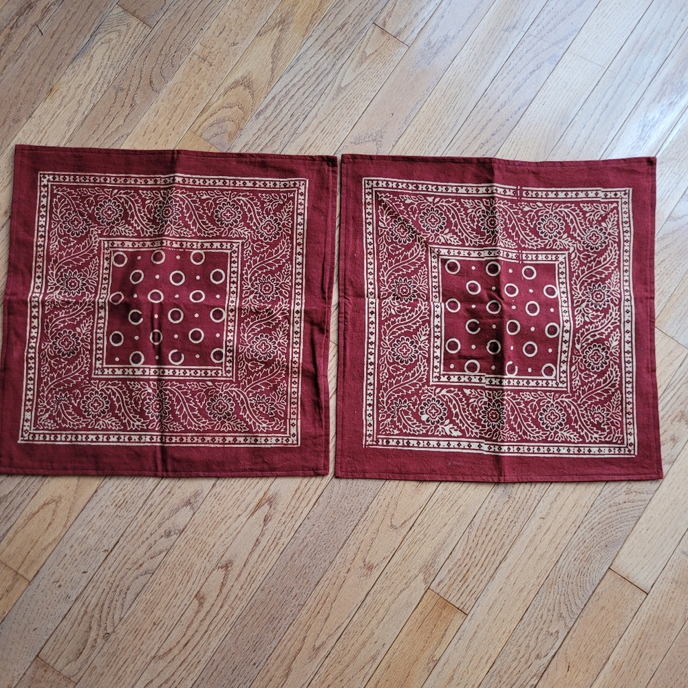 Boho Throw Pillow Covers Set of 2 Red Bandana Print 16"x16" Linen Cotton